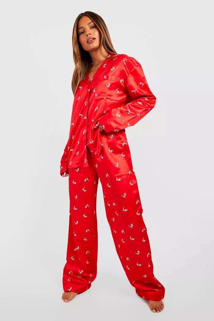 All Over Christmas Print Satin Pyjama Trouser Set | boohoo (US & Canada)