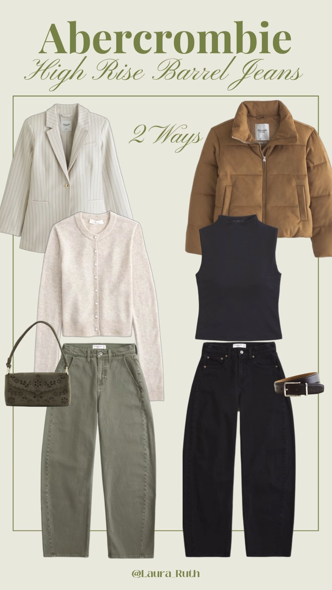 Abercrombie High Rise Barrel Jeans styled 2 ways 🤍 The perfect relaxed wide leg jean for everyday outfits. Dressed up with a striped blazer and cardigan and dressed down with a cropped puffer and mockneck top. Such a flattering high waisted fit. @abercrombie 

#LTKXAbercrombieDenim #LTKjeans #LTKuk