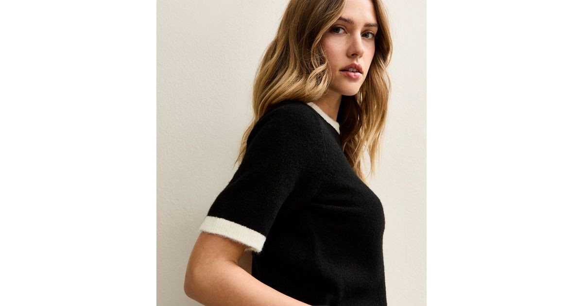 Black Knit Contrast Rib T-Shirt | New Look | New Look (UK)
