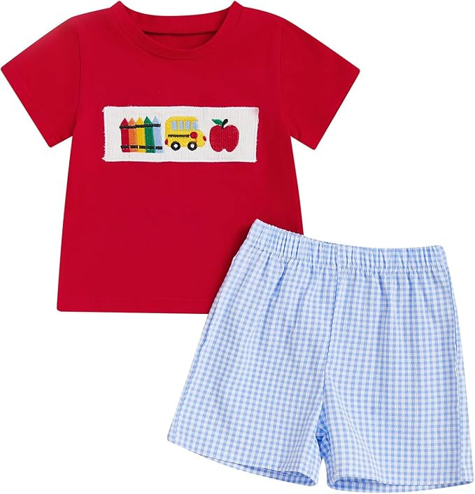 Boys Back To School Outfit Short Sleeve T-shirt and Plaid Shorts Summer Set | Amazon (US)