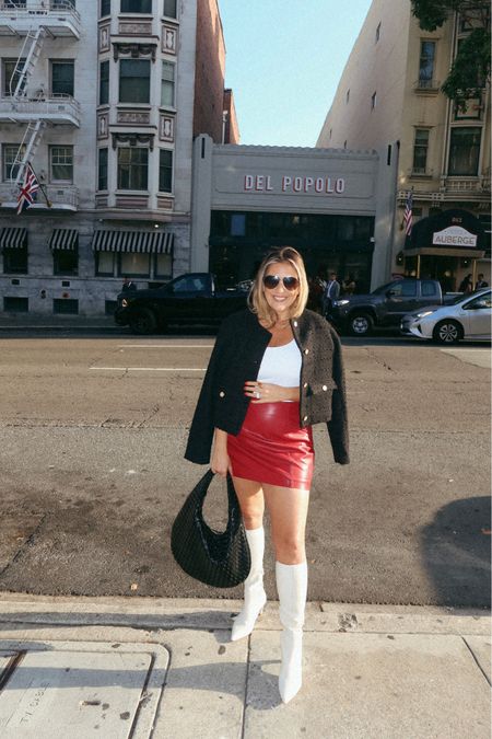 Abercrombie jacket and bag
Revolve red leather skirt and boots 

#LTKsalealert #LTKshoecrush #LTKSale