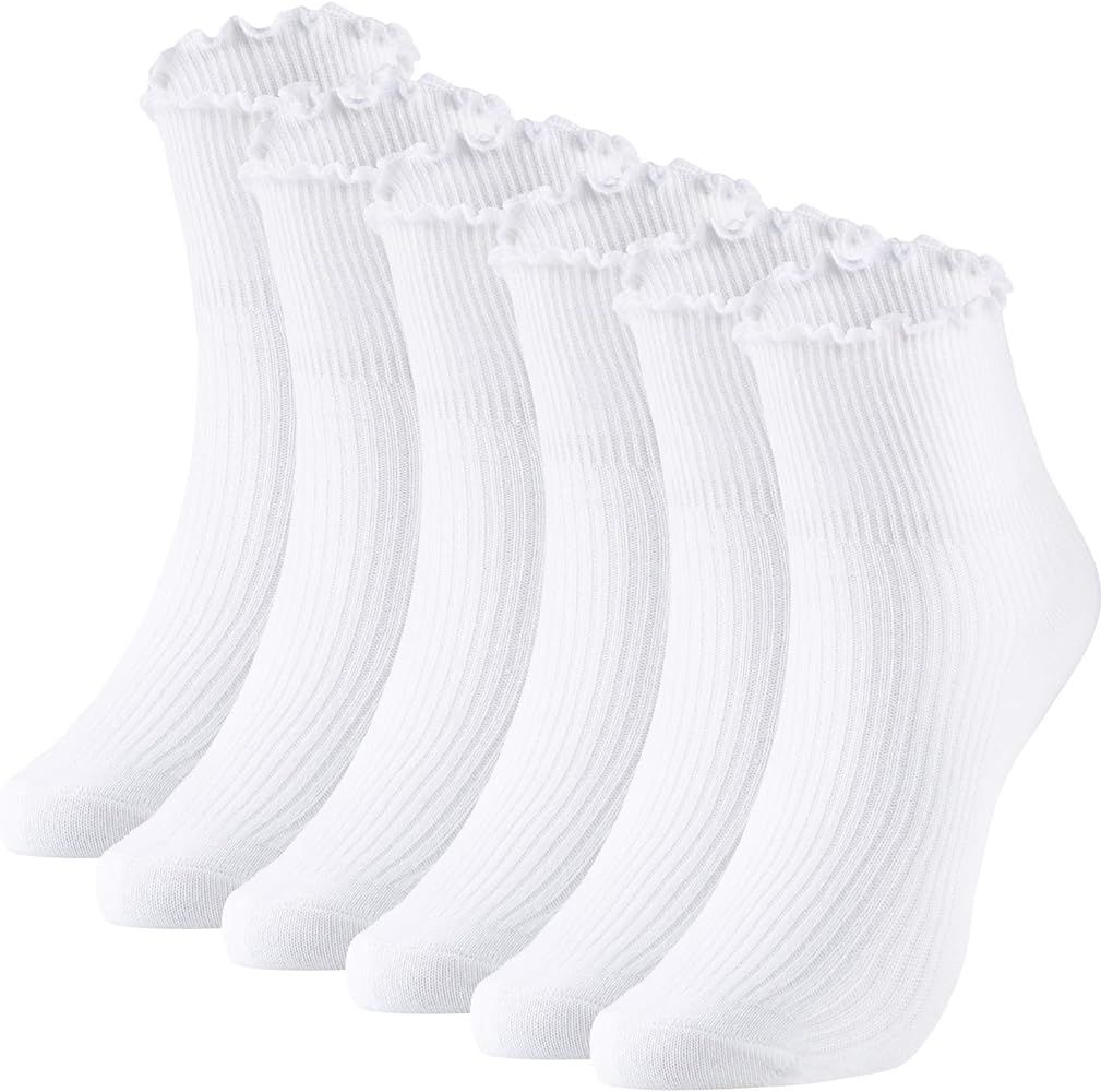 SATINIOR Women Ankle Socks Lace Ruffle Socks Solid Lettuce Edge Knit Socks, 6 Pair | Amazon (CA)