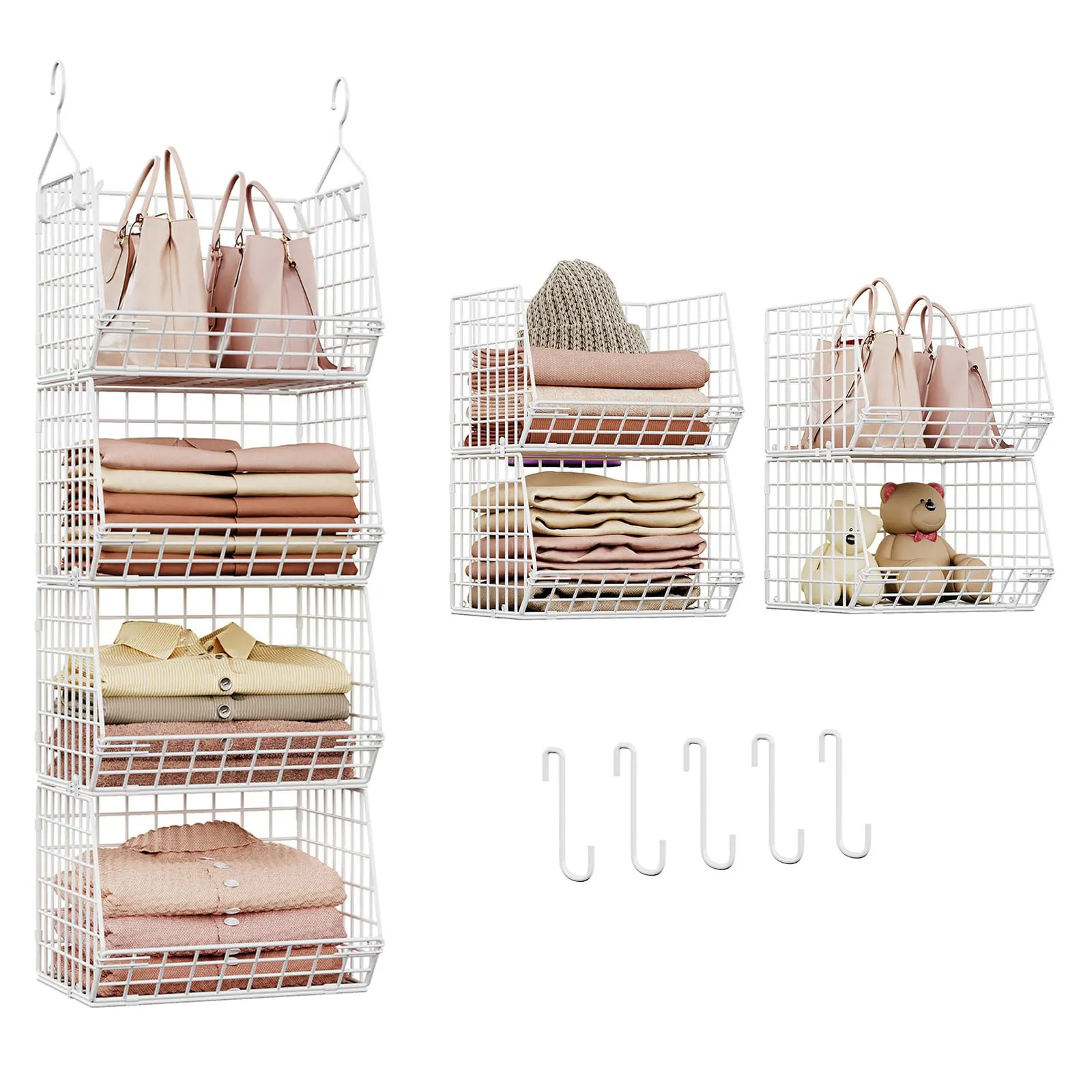 Oyezvary 4 Tier Closet Hanging Organizer Foldable Wire Storage Basket with Hanging Hooks and S Hooks for Clothing Sweaters Shoes Handbags Small | Lowe's