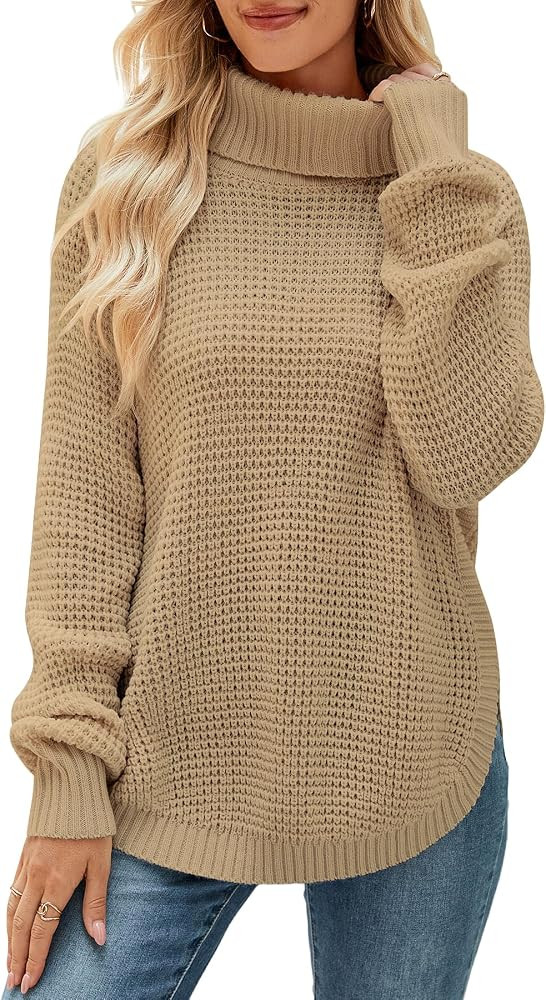 Women's Sweaters Fall Ribbed Knit Turtleneck Sweater Loose Casual Long Sleeve Split Soft Pullover... | Amazon (US)