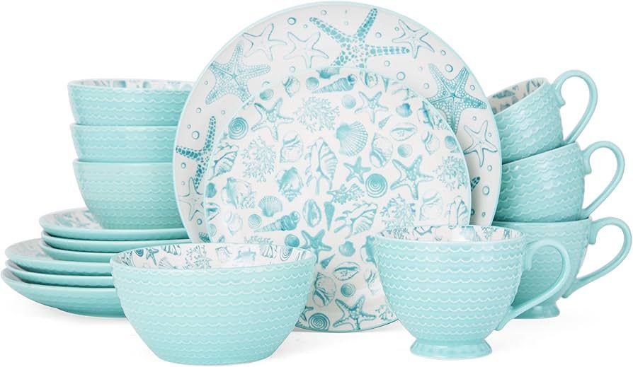 Pfaltzgraff Venice 16-Piece Stoneware Dinnerware Set, Service for 4, Aqua/White - | Amazon (US)