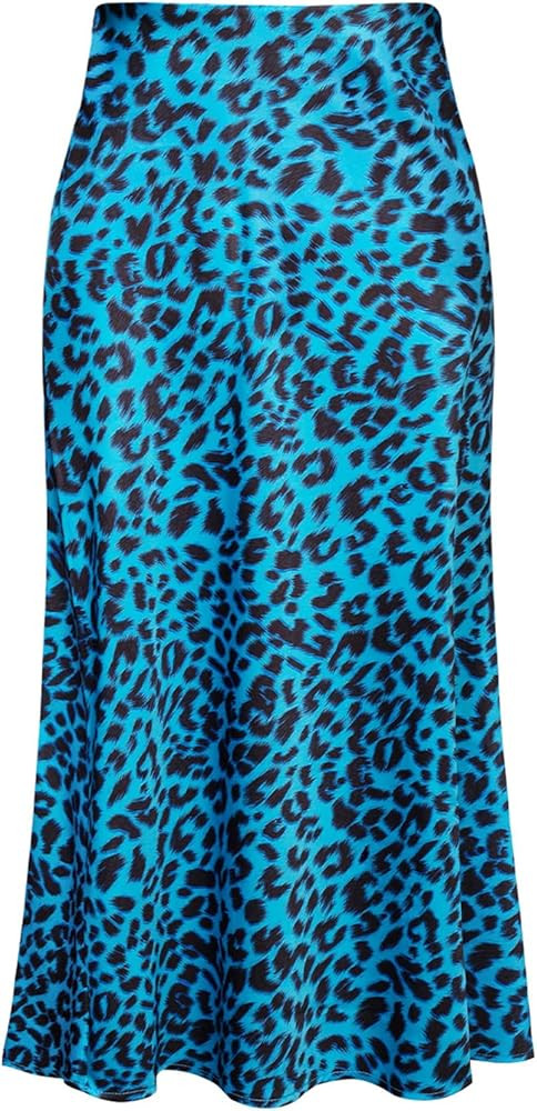 Keasmto Leopard Skirt for Women Midi Length High Waist Silk Satin Elasticized Cheetah Casual Ladi... | Amazon (US)