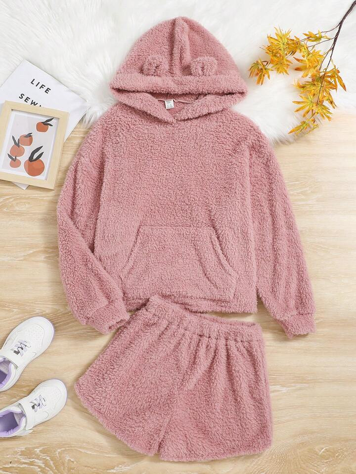 SHEIN Teen Girl Kangaroo Pocket 3D Ear Design Teddy Hoodie & Shorts | SHEIN