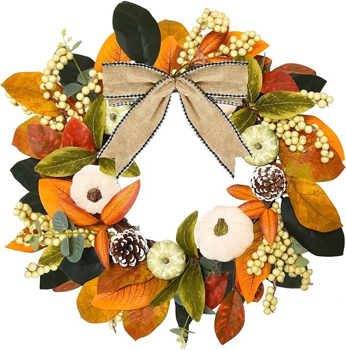 Rocinha 20 in Fall Wreath Pumpkin Wreath for Front Door with Pumpkins Bow Pinecones Berries, Arti... | Amazon (US)