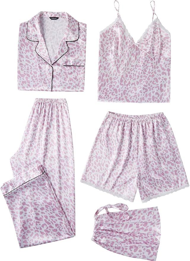 Escalier Womens 5pcs Silk Satin Pajama Set Cami Pjs Sleepwear Button Down Pj Sets Loungewear | Amazon (US)