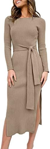 ANRABESS Womens Long Sleeve Sweater Dress Crew Neck Slim Fit Slit Tie Waist 2025 Ribbed Knit Body... | Amazon (US)