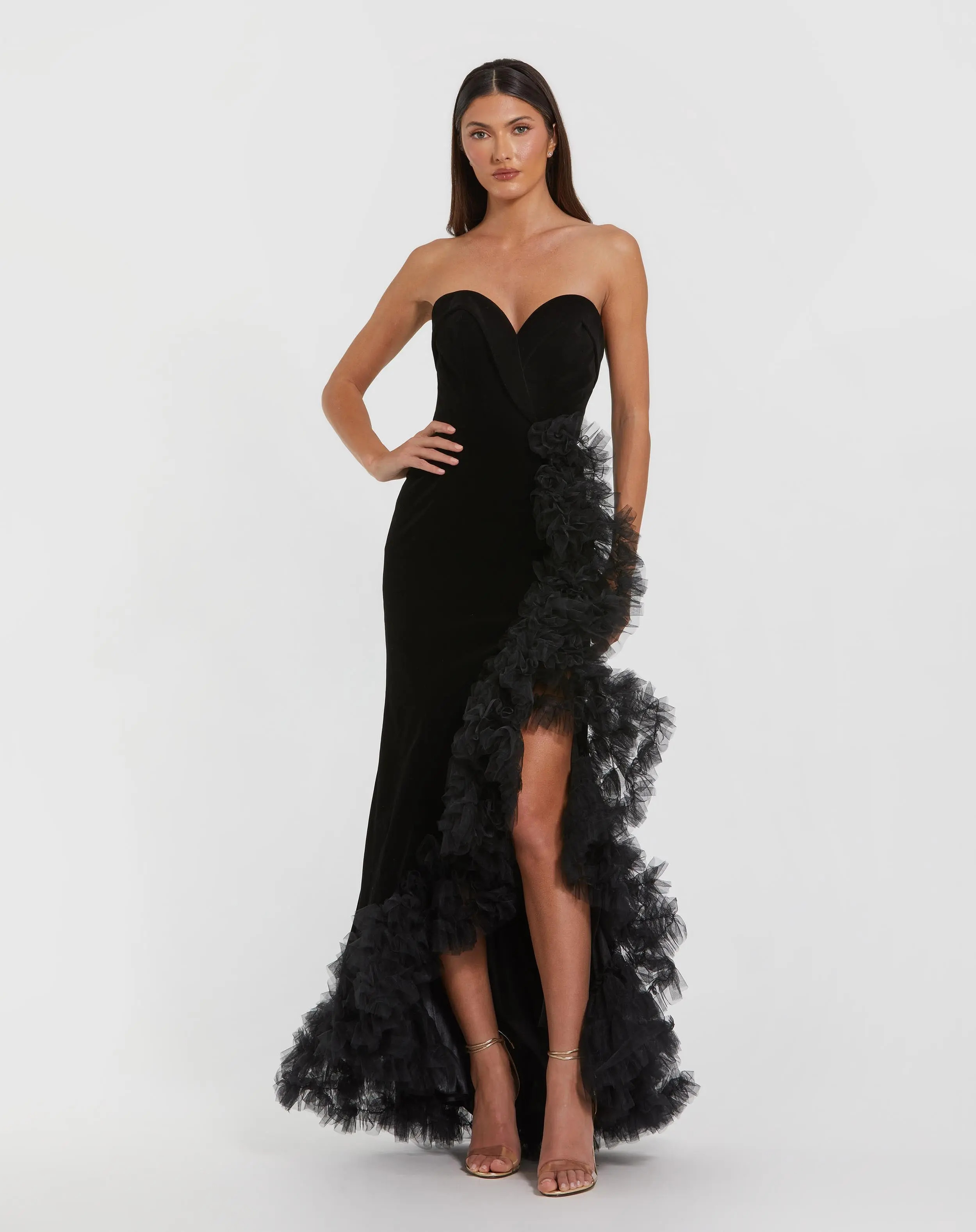 Black Strapless Velvet Mermaid Gown with Ruffle Slit | Mac Duggal | Mac Duggal