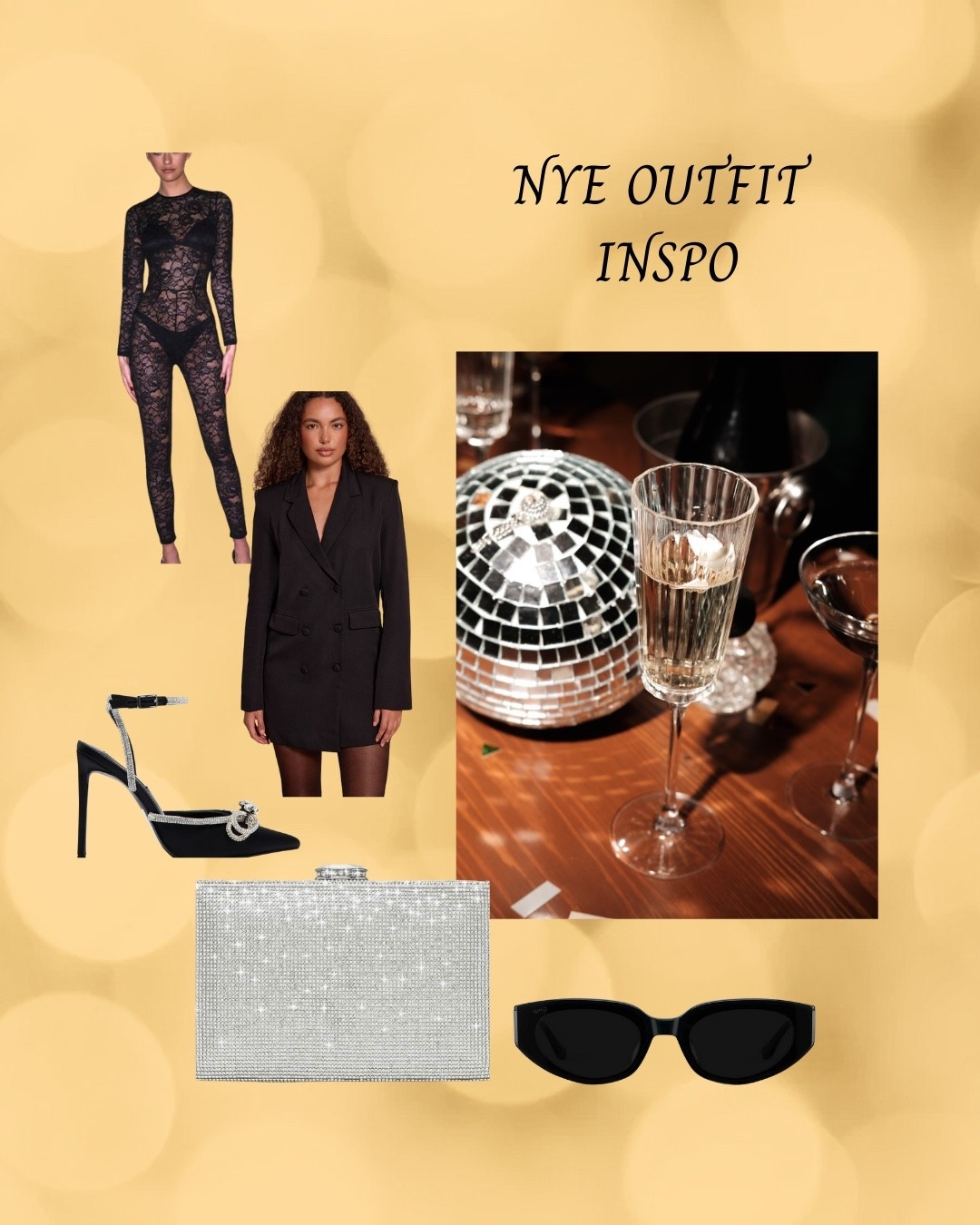 Another fun #NYE outfit inspired by Hailey Bieber. Layer a lace bodysuit with an oversized blazer dress, some fun heels, and a glittery clutch. Add sunglasses for a cool vibe 🕶️ #NYEOutfitInspo #Amazon #Sunglasses 

#LTKHoliday #LTKootd