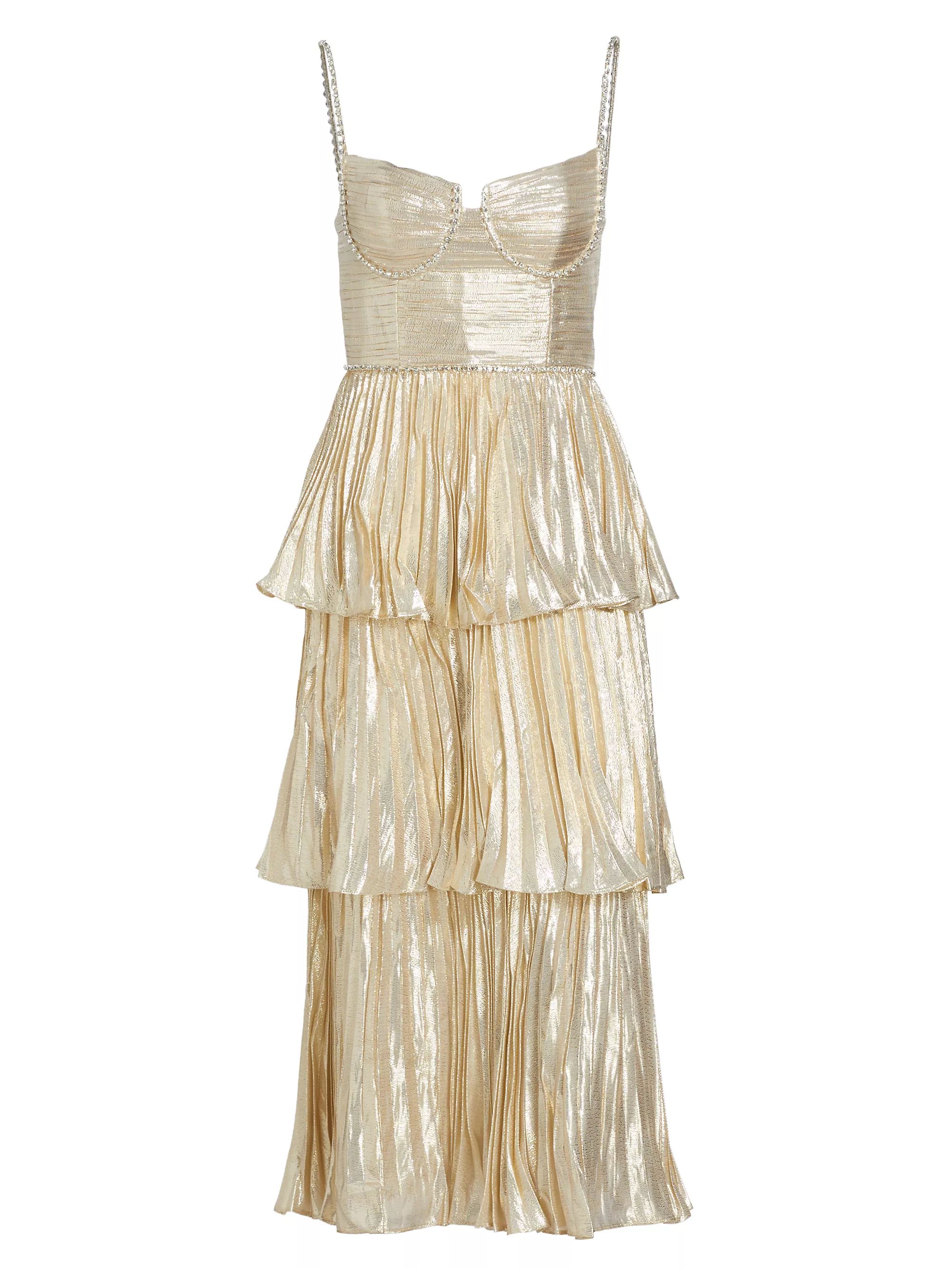 Shop Self-Portrait Gold Metallic Tiered Midi Dress | Saks Fifth Avenue | Saks Fifth Avenue