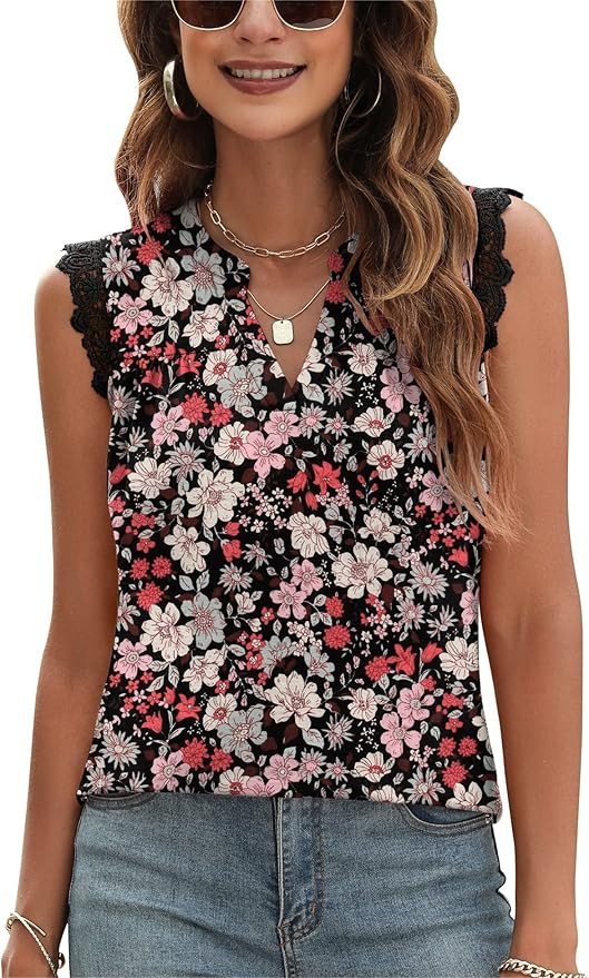 Women's V Neck Lace Guipure Tank Tops Dressy Sleeveless Blouses Summer Casual Solid/Floral Tunic ... | Amazon (US)
