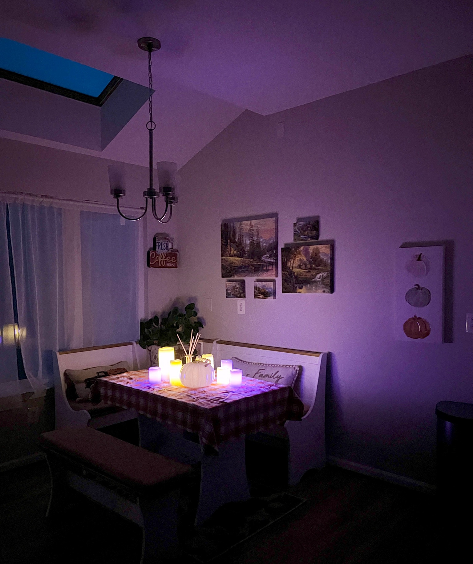 Breakfast nook decor, Halloween decor, night time, electric candles, colorful candles, purple night, wall decor, fall decor, coffee table, sunroom decor

#LTKHome #LTKFallSale #LTKSeasonal