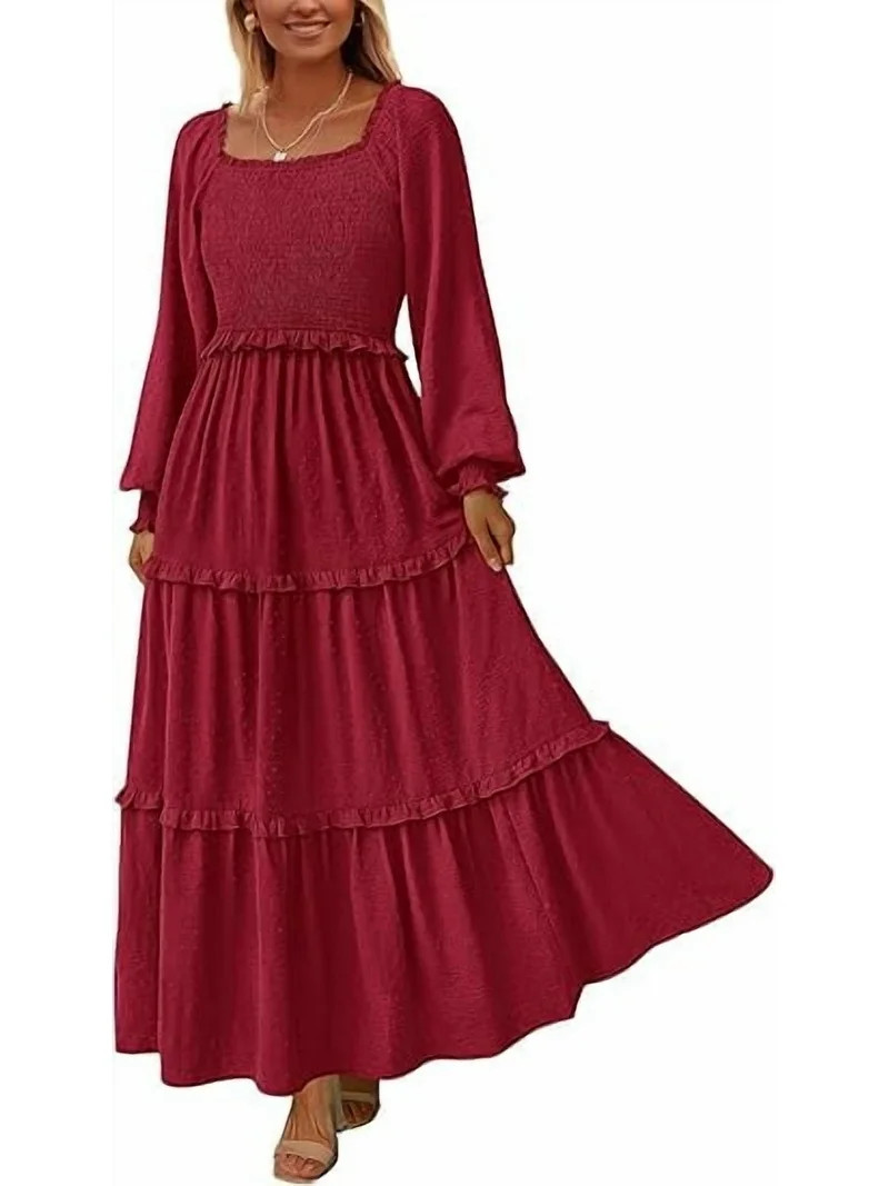 PRETTYGARDEN Women's Spring Long Sleeve Smocked Maxi Dress Casual Square Neck Swiss Dot Tiered Ru... | Walmart (US)