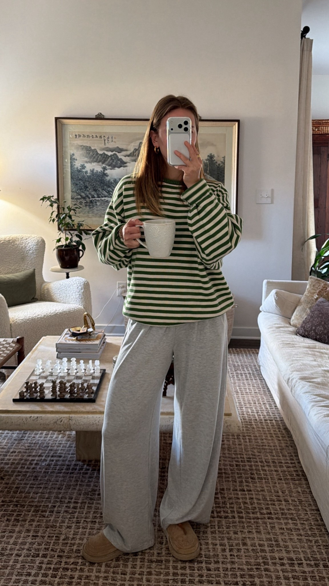 1/8/26 Casual loungewear outfit of the day. Wearing my Abercrombie grey lounge pants paired with my green striped sweater from Sonderhaus—easy, cozy, and perfect for staying comfortable at home or running a quick errand.

#LTKSeasonal #LTKmorningroutine #LTKootd