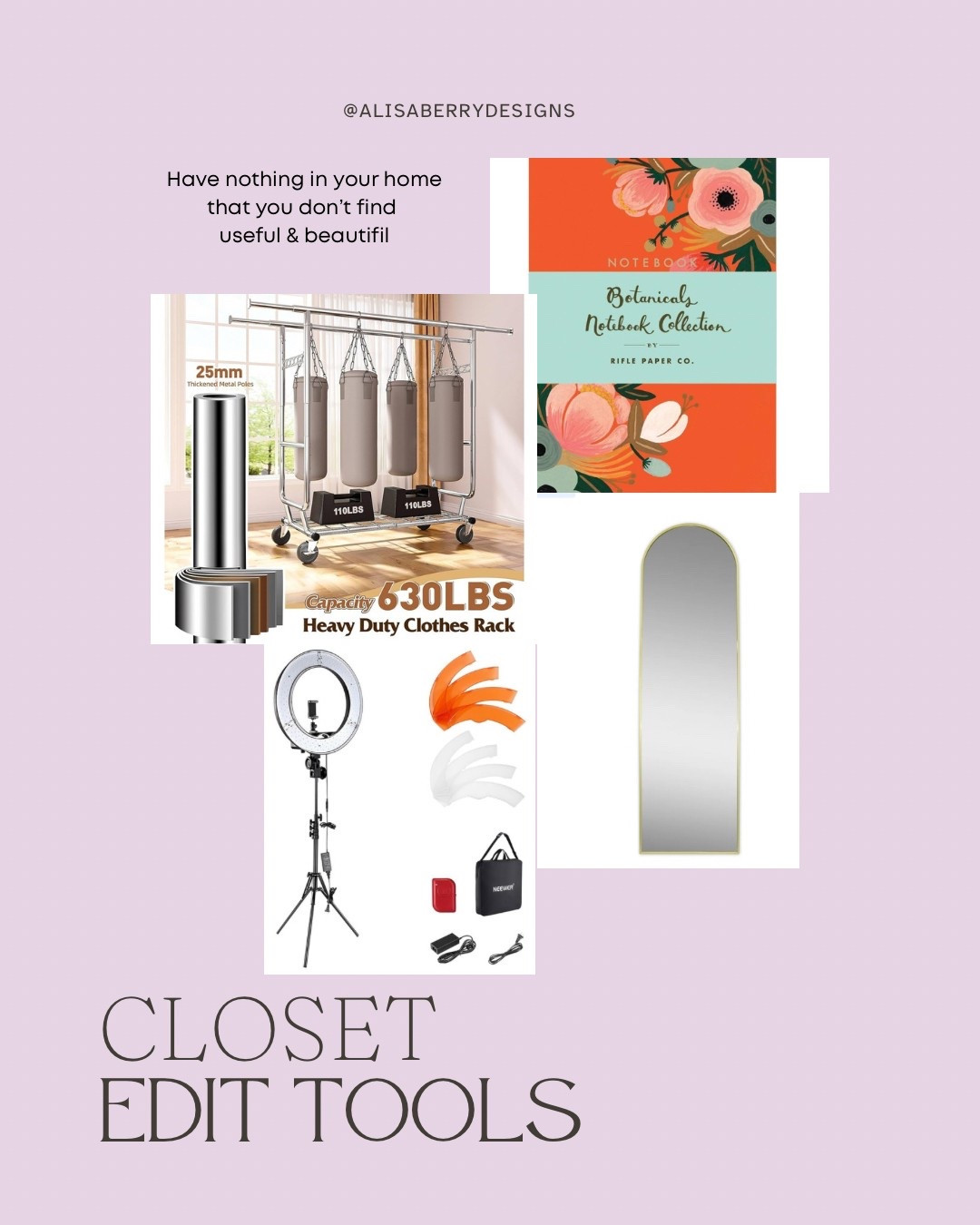 Closet edit tools.
These may not seem obvious to you and they can be whatever version of these that work for you.
A pretty notebook is one that I keep up with.
The sturdy garment rack with wheels is something I use everyday in my laundry.
The ring light is what I use everyday day for makeup lighting and making videos
The mirror is what I use for getting dressed.
These are must haves for me for getting the results I want with my closet.

#LTKOver40 #LTKMidsize #LTKHome