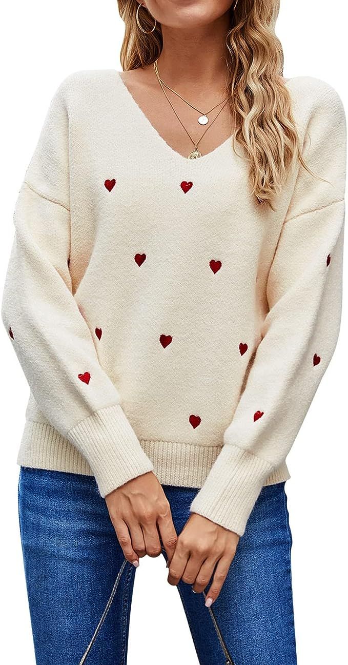 WonderBabe Women's Long Sleeve Solid Color Knitted Sweater V Neck Heart Print Loose Pullover Jump... | Amazon (UK)