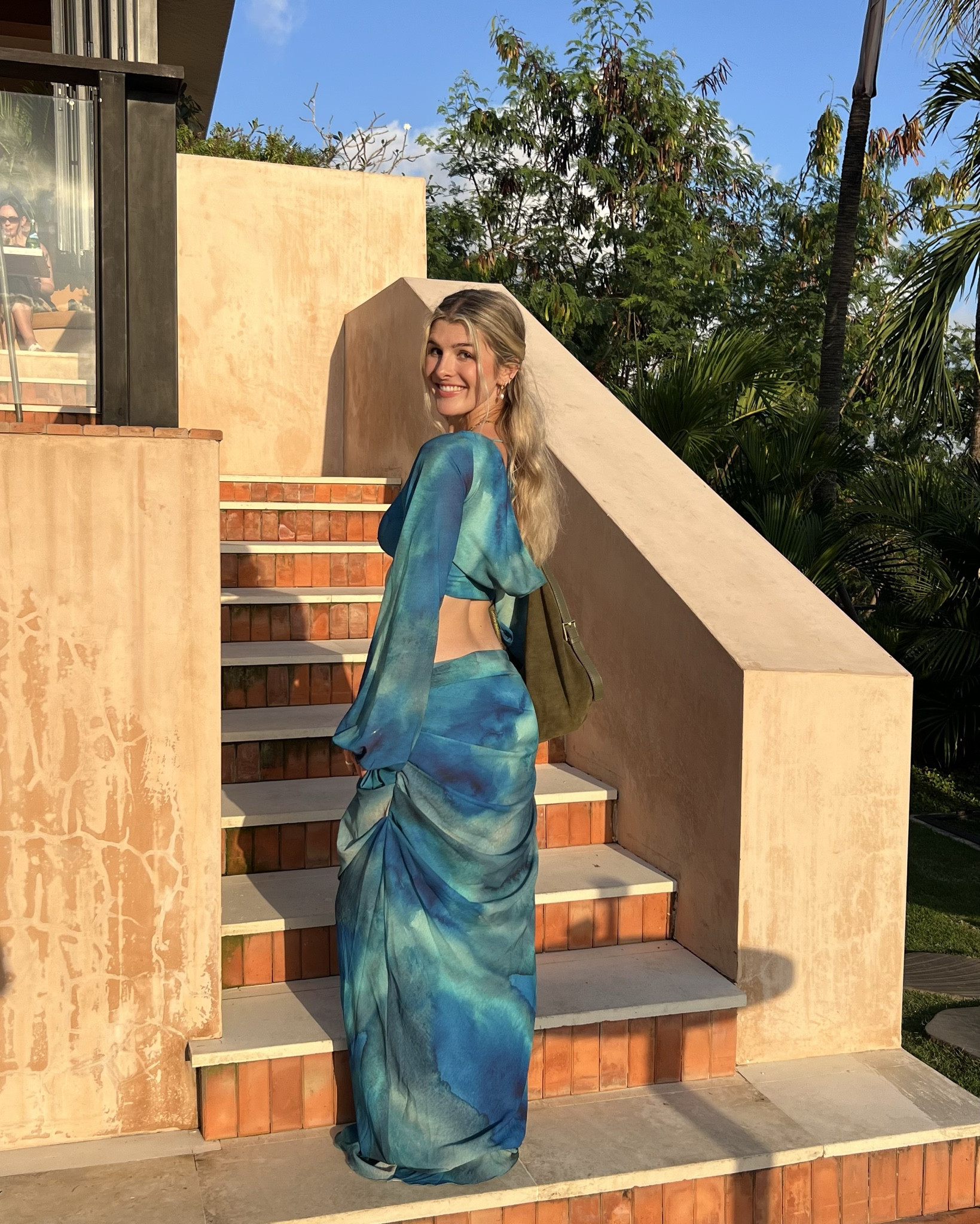 summery holiday outfit for evening or date night ! Blue maxi skirt from PepperMayo, blue satin crop top from Pepper Mayo. #eveningdress 

#LTKdresses #LTKdatenight