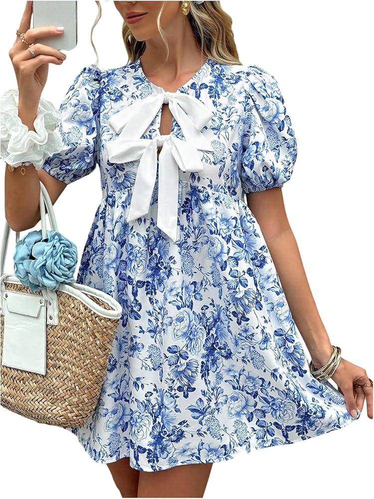 Floerns Women's Bow Puff Sleeve Tie Front Dresses Floral A Line Summer Short Babydoll Dresses | Amazon (US)
