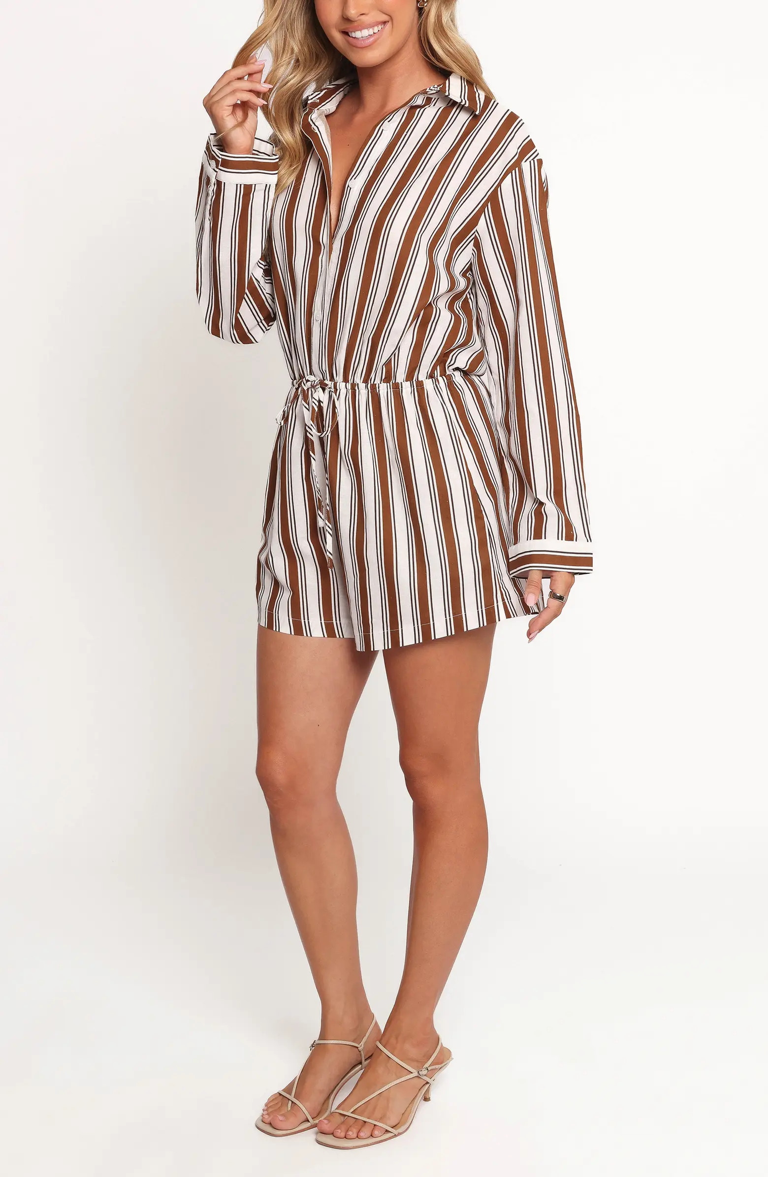 Beau Stripe Long Sleeve Cotton & Linen Romper | Nordstrom