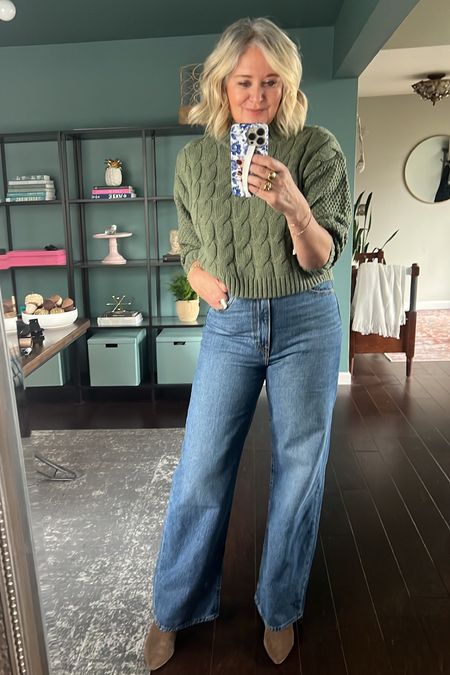 OOTD Wednesday
Levi’s - I sized up one!  Wash is Wring - Medium Wash

Wide leg jeans, crop sweater, boots, fall outfit, outfit inspo!

#LTKover40 #LTKSeasonal #LTKstyletip