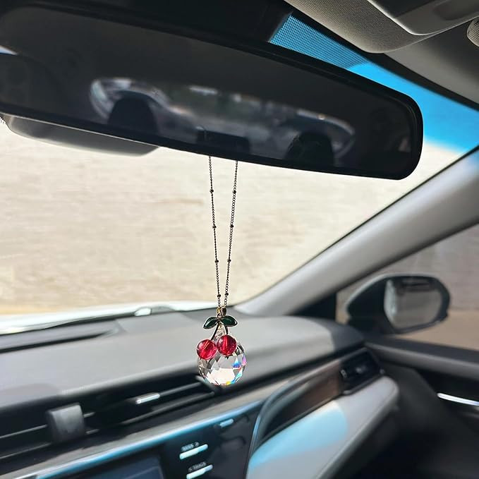 Cherry Car Decor Accessories for Women Cute Car Crystal Suncatcher Rear View Mirror Hanging Hippi... | Amazon (US)