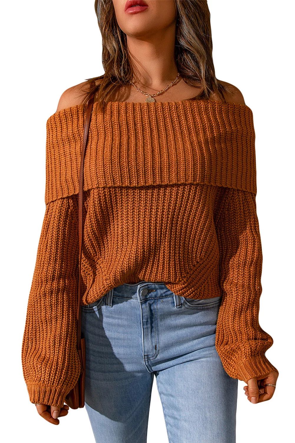 Women Brown Ribbed Knit Off Shoulder Sweater | Walmart (US)