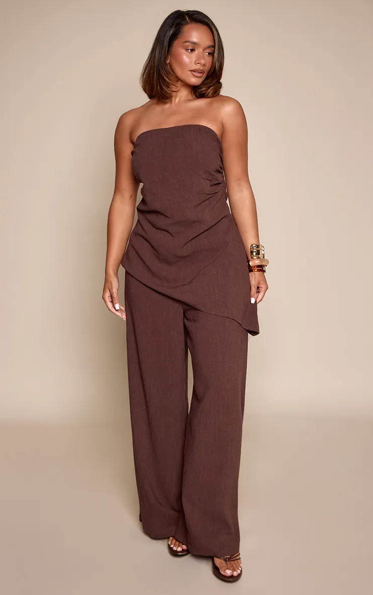 Shape Chocolate Textured Woven Wide Leg Trousers | PrettyLittleThing UK