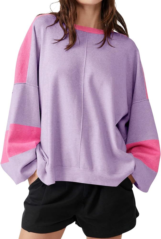 Saodimallsu Womens Trendy Color Block Oversized Sweaters Fall Fashion Drop Shoulder Knit Pullover... | Amazon (US)