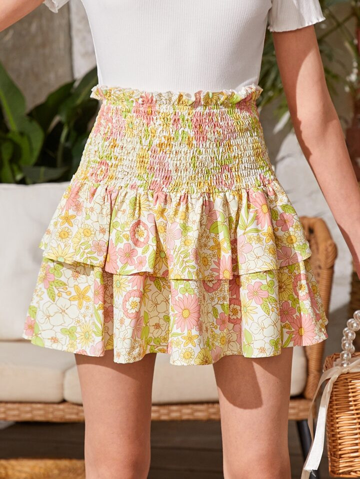 SHEIN Teen Girls Floral Print Paperbag Waist Two Layer Hem Skirt | SHEIN