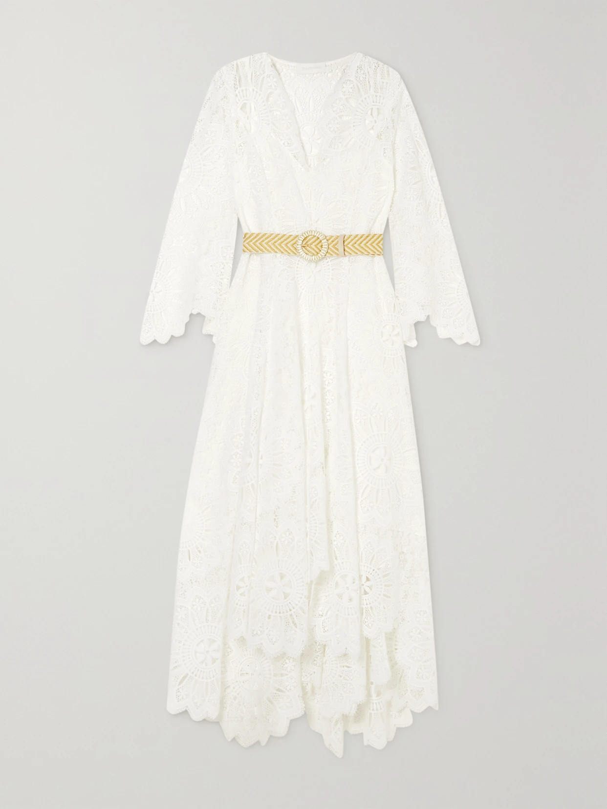 Zimmermann - Chintz Doily Belted Asymmetric Guipure Lace Midi Dress - Ivory | NET-A-PORTER (US)