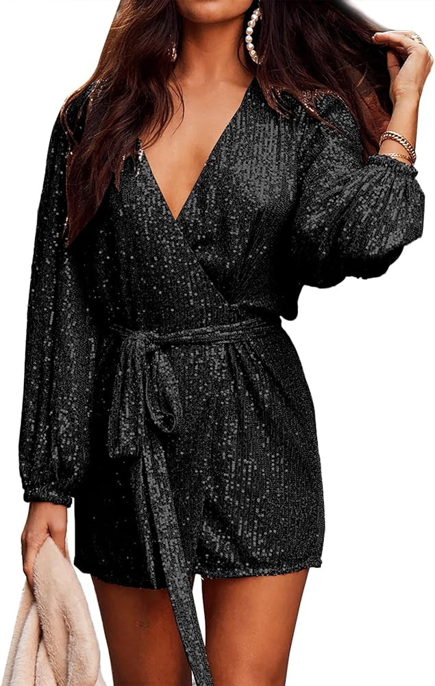 FAIABLE Sequin Dress Long Sleeve Mini Dress Sexy V Neck Sparkly Glitter Wrap Dress with Belt for ... | Amazon (US)