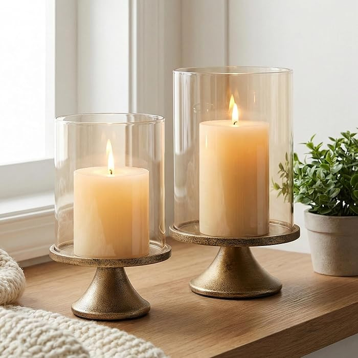 Set of 2 Hurricane Candle Holder Set with Glass Dome & Iron Base – Elegant Decorative Pillar Ca... | Amazon (US)