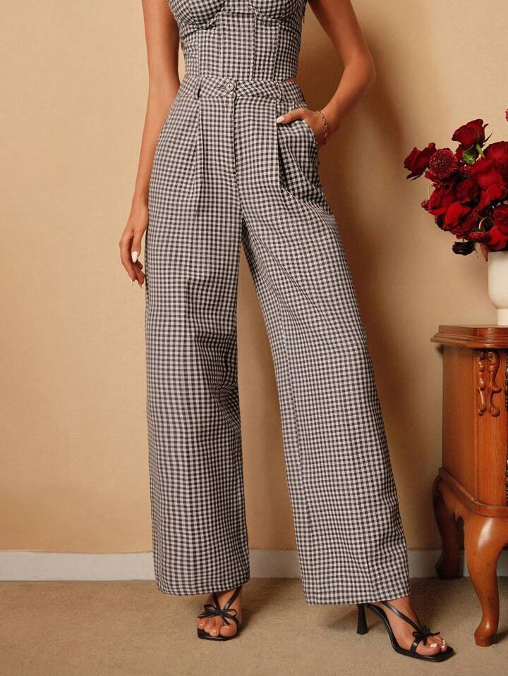 Savoree Women's Elegant Modern Plaid Straight Leg Pants, Festival "Old Money" Spring Outfits For Going Out | SHEIN