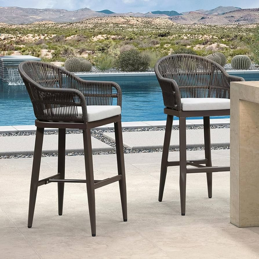 PURPLE LEAF Outdoor Bar Height Stools Set of 2 Patio Metal Modern Wicker Rattan Bar Chairs Woven ... | Amazon (US)