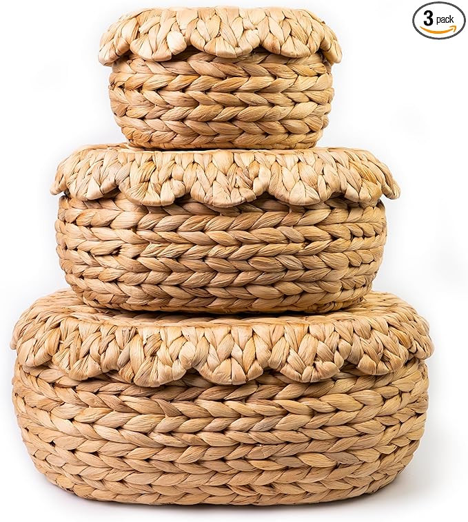 Set of 3 Wicker Storage Baskets with Lid - Decorative Handwoven Rattan Baskets for Organizing, Sm... | Amazon (US)