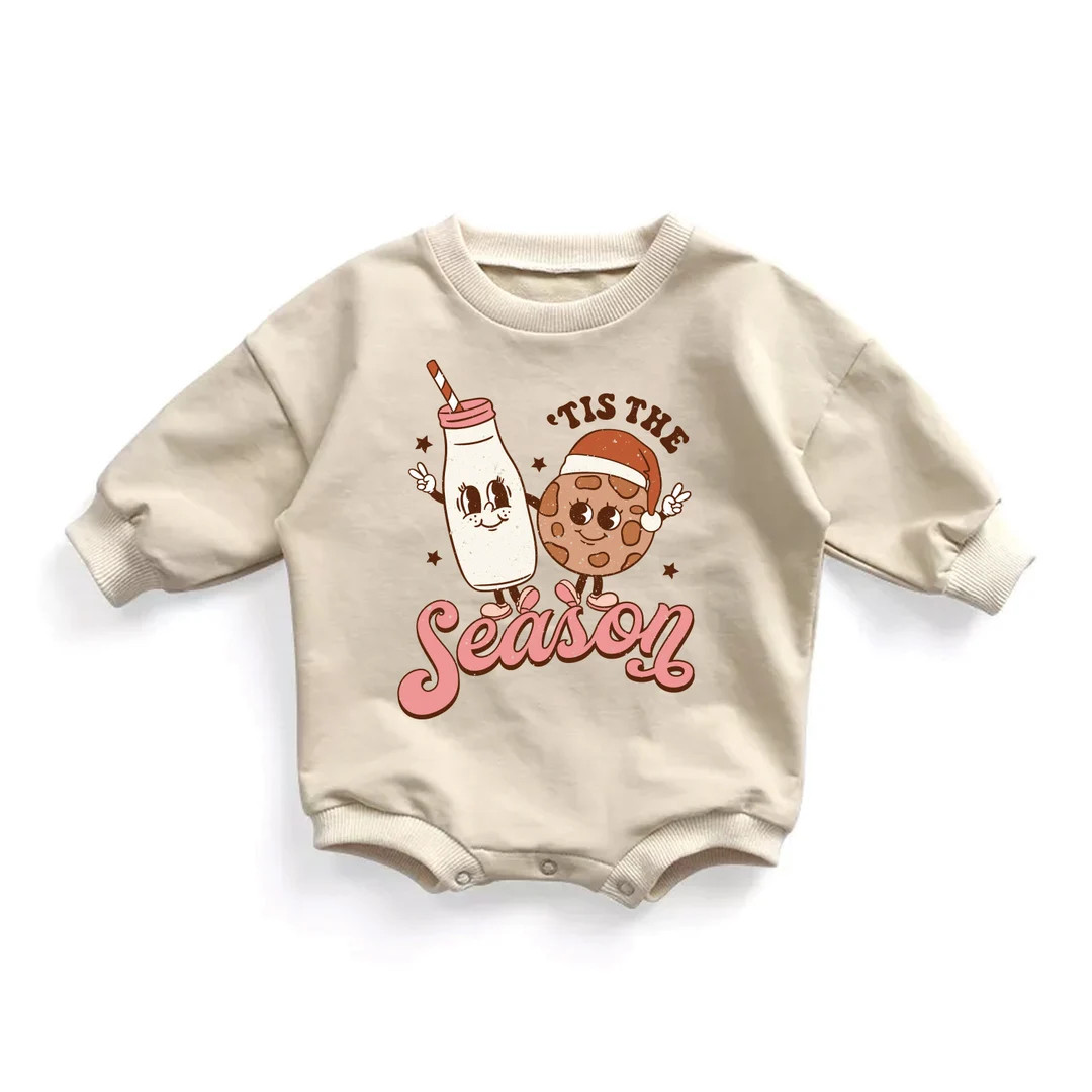 Baby Girl Christmas Outfit Holiday Bubble Romper Sweatshirt Milk Cookies 1st Christmas Romper Toddle | Etsy (US)