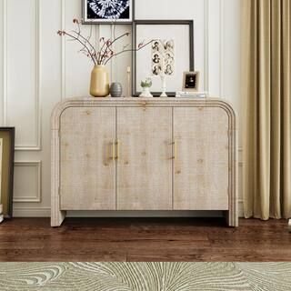 Harper & Bright Designs Natural Wood Wash Minimalist Wood 47.2 in. Sideboard with Gold Handles an... | The Home Depot