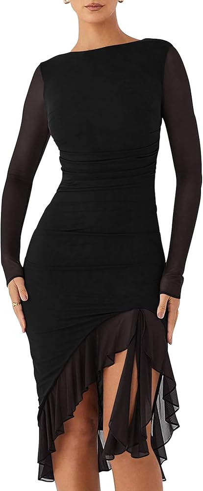 BORIFLORS Women's Sexy Ruched Bodycon Midi Dresses Elegant Mesh Long Sleeve Ruffle Hem Cocktail P... | Amazon (US)