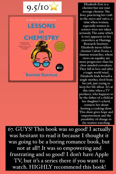 67. Lessons in Chemistry by Bonnie Garmus :: 9.5/10⭐️. Elizabeth Zott is a chemist but not your average chemist. She lives, practicing her craft in the 1950s and 1960s, a time when women, especially women in science were not taken seriously. The same which is very apparent in her coworkers at Hastings Research Institute. Elizabeth meets fellow chemist Calvin Evans, a famous researcher, whose views on equality are more progressive than his close minded coworkers. They fall in love and after a tragic world wind, Elizabeth finds herself a single mother, fired from her job, just trying to keep her life afloat. It’s at this time when a TV producer, who happens to be the father of a child at her daughter’s school, contacts her about hosting a cooking show. This show gives hope and empowerment and the possibility of change to the women watching. GUYS! This book was so good! I actually was hesitant to read it because I thought it was going to be a boring romance book, but not at all!! It was so empowering and frustrating and so good! I don’t have Apple TV, but it’s a series there if you want to watch. HIGHLY recommend this book!


#LTKhome #LTKtravel