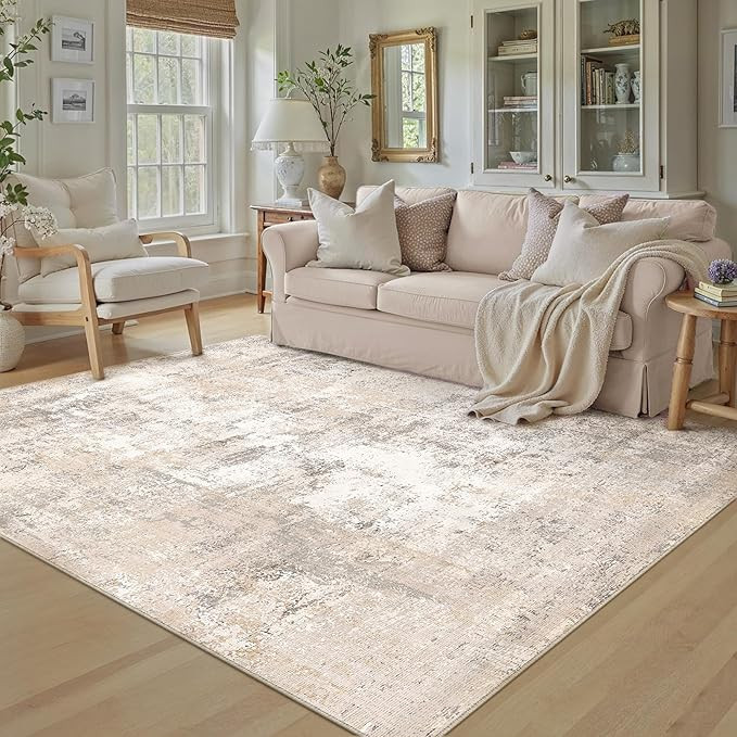 Amazon.com: WondRg 5x7 Washable Area Rug Beige Grey Abstract Non Slip Soft Low Pile Rug for Livin... | Amazon (US)