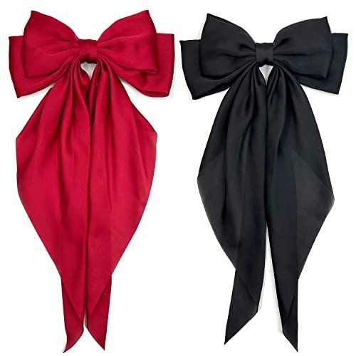 Satin Hair Barrettes Clip for Women Large Bow Hair Slides Metal Clips French Barrette Bowknot with Long Tail Silk Hair Bow Hairpin 90's Hair Accessories (Burgundy+Black) | Amazon (US)