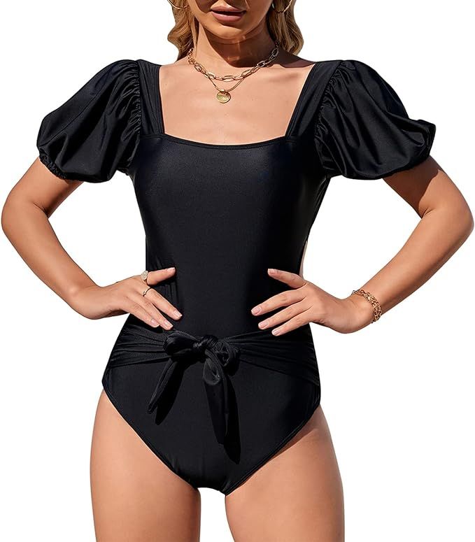 EXLURA Womens Tie Back One Piece Swimsuit Puff Short Sleeve Square Neck Swimwear High Cut Backles... | Amazon (US)