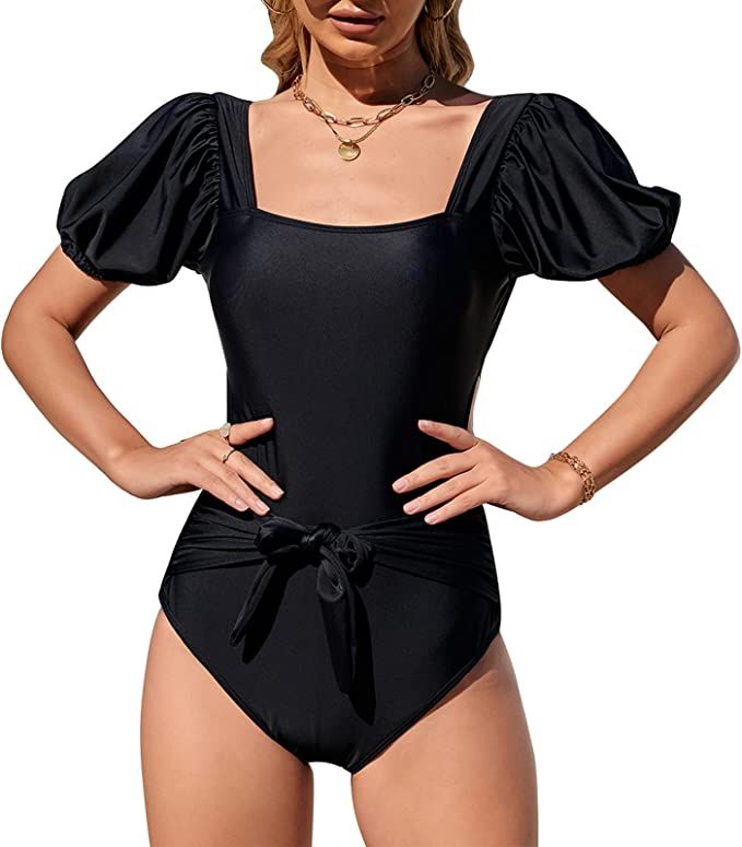 EXLURA Womens Tie Back One Piece Swimsuit Puff Short Sleeve Square Neck Swimwear High Cut Backles... | Amazon (US)