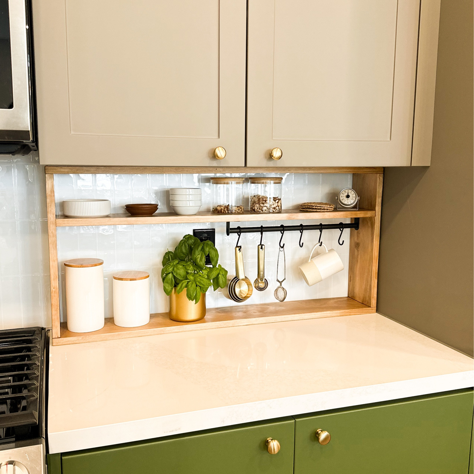 Easy kitchen open shelving for spices, ingredients, and storage complete with a hanging rail (:

#LTKhome