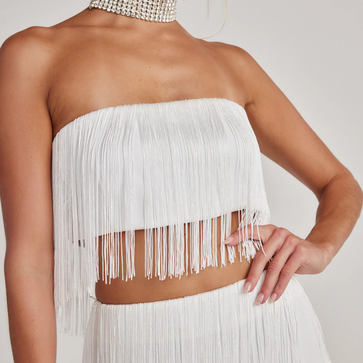 Gatsby White Fringe Strapless Top | 12th Tribe