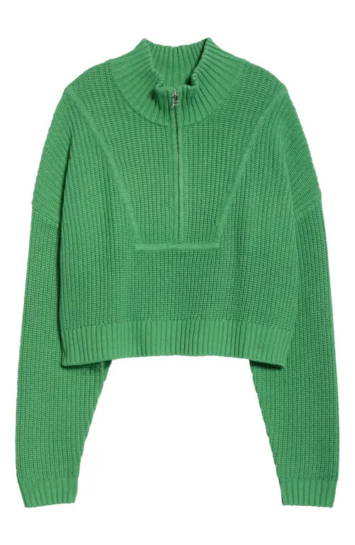 STAUD Hampton Crop Half-Zip Cashmere Sweater in Leaf at Nordstrom, Size Medium | Nordstrom