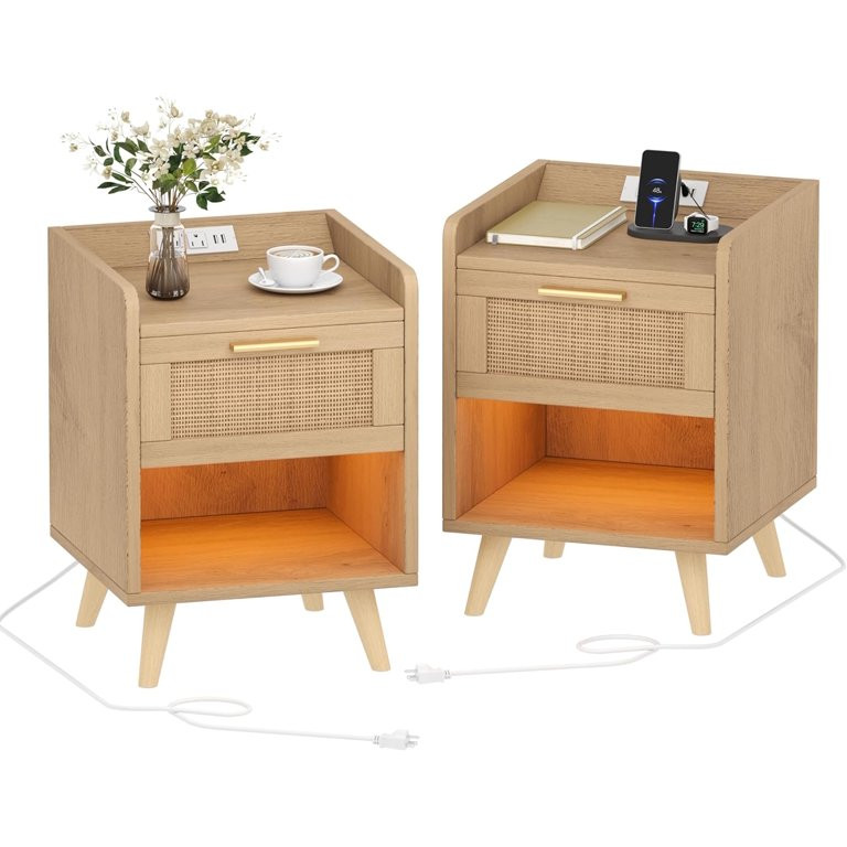 Night Stands Set of 2, 13.8"W Nightstands with Charging Station, Boho End Table with LED Lights, ... | Walmart (US)
